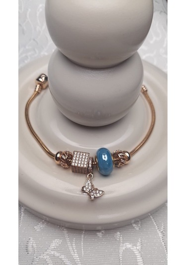 Uzel Xuping Gold Altın Renk Küp Taşlı, Mavi Boncuklu, Taşlı Kelebek Charmlı Çelik Bileklik Mavi