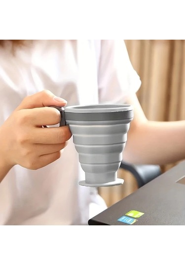 Fochsia Katlanabilir Silikon Seyahat Kahve Kupası Kamp Ve Yolculuk İçin Kapaklı Gri