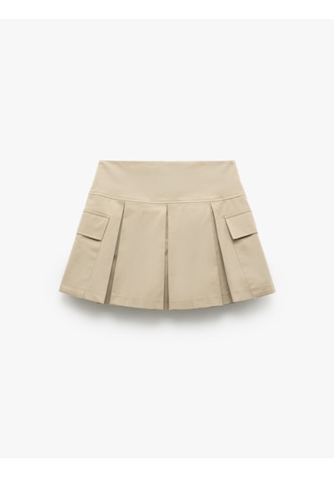 Koton Pamuklu Gabardin Kumaş Kargo Cepli Mini Pileli Şort Etek Taş 5sak70049ew Taş