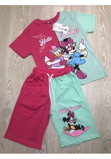 Aysbebe Daisy Desenli Kız Çocuk Yazlık Takım Pembe - Yeşil 404531