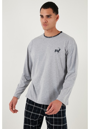 Buratti Pamuklu Regular Fit Bisiklet Yaka Ekoseli Erkek Pijama Takımı 6574001 Gri
