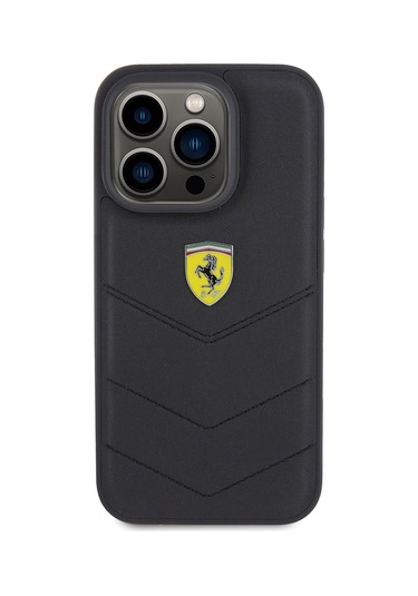 İphone Uyumlu 15 Pro Kılıf Ferrari Lisanslı Deri Dikişli Arka Yüzey Metal Logo Tasarımlı Siyah