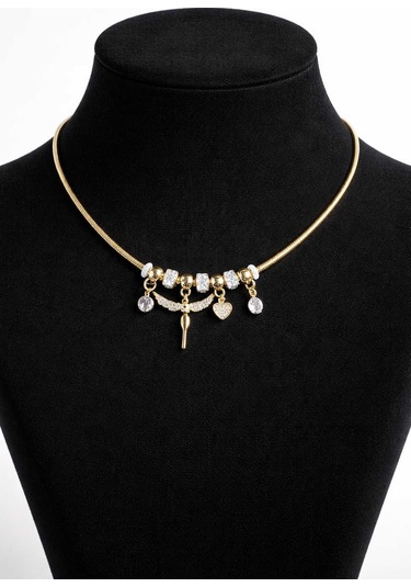 Işıltılı Melek Kanadı Ve Kalp Detaylı Gold Charm Kolye