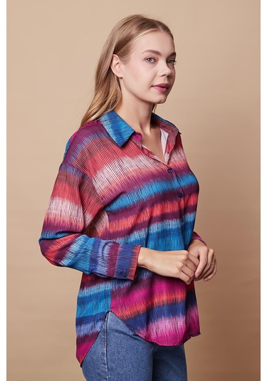 Kadın Desenli Yakalı Düşük Omuzlu Uzun Kol Şık Ofis Gömlek-Ebruli Desen Ebruli Desen