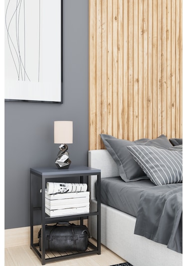 Metal Ayaklı Dekoratif Tel Raflı Komodin Antrasit Gri Antrasit