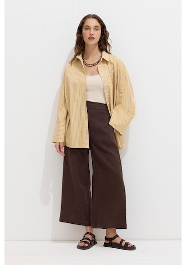 Manuka Çizgili Pamuklu Gömlek Sarı Çizgi Sarı