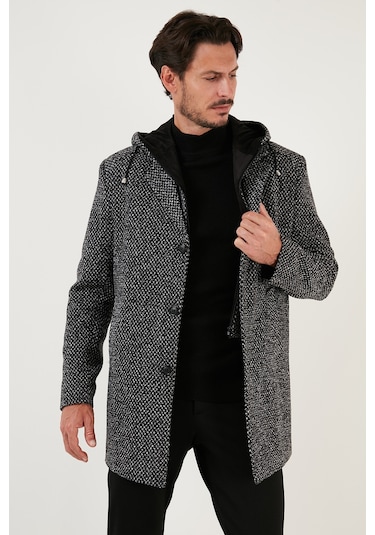 Buratti Çıkarılabilir Kapüşonlu Kırçıllı Slim Fit Kaşe Erkek Kaban 5841013 Siyah Noktalı