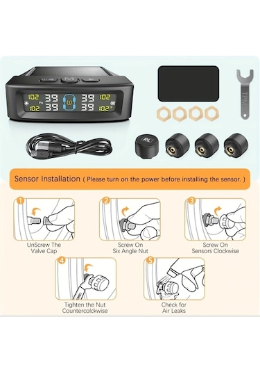 Boatshop1 T12 4 Harici Sensörlü Araç Solar Tpms Gerçek Zamanlı Lastik Basınç Sıcaklık İzleme Sistemi Yıpratmayan Kurulum Titreşim Algılama Ekran