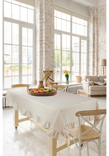 Naturel Fırfırlı Masa Örtüsü Vintage Krem