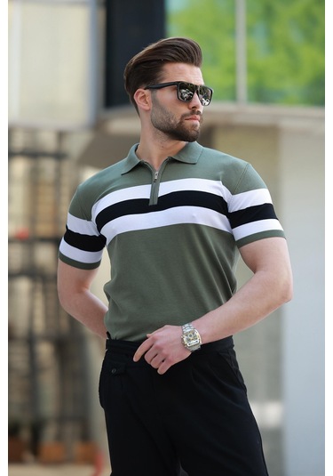 Madmext Haki Fermuarlı Polo Yaka Çizgili Erkek Tişört E7406 Haki