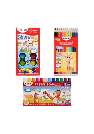 Fatih 3lü Boyama Seti Kuru Boya Sulu Boya Pastel Boya