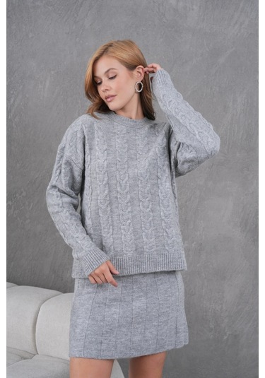 Kadın Bisiklet Yaka Saç Örgü Kazak Etek İkili Triko Takım Gri