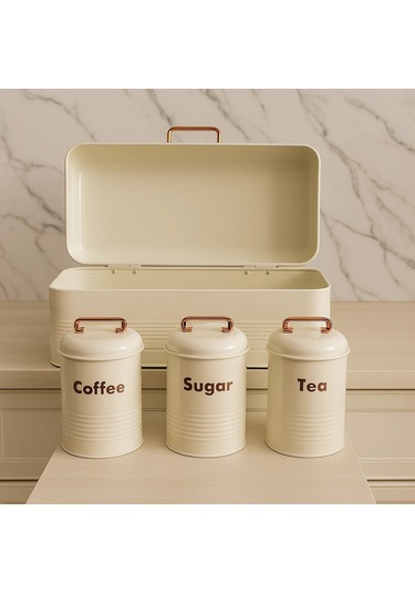 4 Lü Mutfak Seti Ekmeklikçay Kahve Şekerlik Krem 43x20 Krem