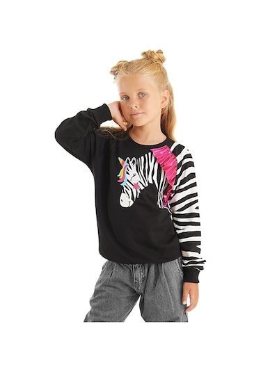 Denokids Fırfırlı Zebra Kız Çocuk Siyah Sweatshirt Mint