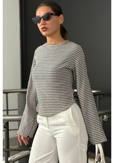 Madmext Siyah Kare Desenli Belden Oturtmalı Bluz Mg2849