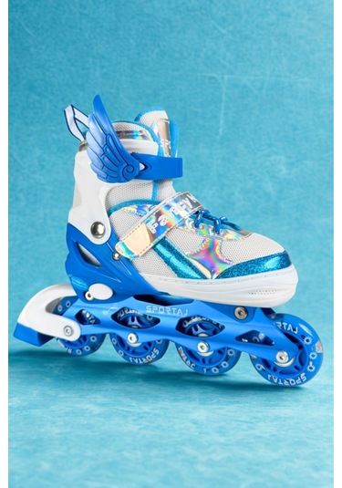 Melek Kanatlı Işıklı Çocuk Pateni Kask Ve Dizlik Seti Silikon Teker Ayarlanabilir Paten Çantalı Mavi