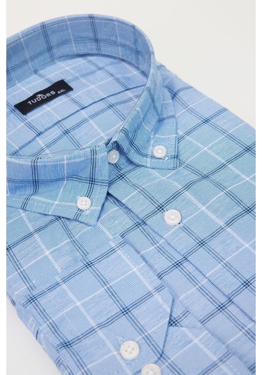 Tudors Büyük Beden Düğmeli Yaka Kareli Pamuklu Mavi Erkek Gömlek-29039-mavi Mavi