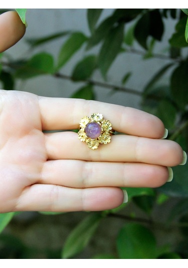 Esha Store Doğal Taş Ametist Doğal Taşlı Çiçek Model Telkari Kadın Ayarlanabilir Altın Kaplama Yüzük Euy61amtg MOR