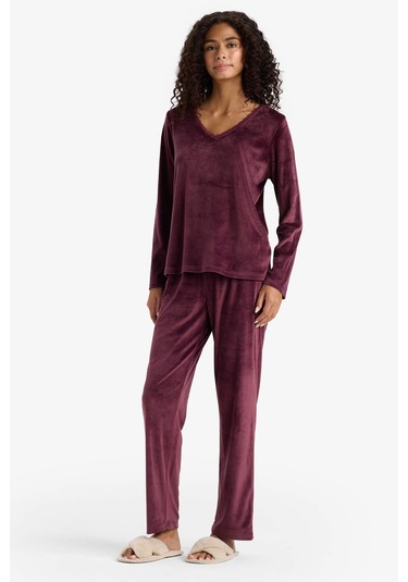 Defacto Pijama Takımı Regular Fit Uzun Kollu Velur Üst Uzun Alt-fall İn Love E8691ax25wnbr232 Bordo-br232