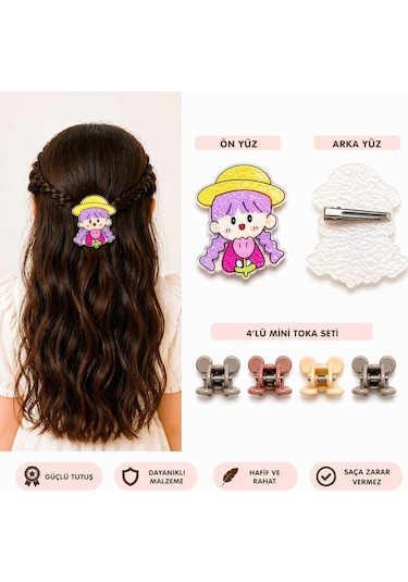 Sevimli Figürlü Büyük Saç Tokası + 4 Lü Mini Mandal Seti Lila