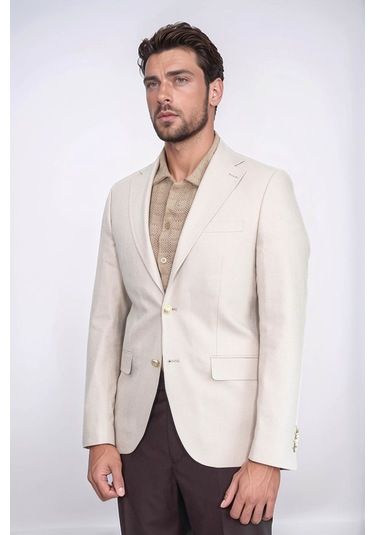 Bej Balıksırtı Desenli Gold Renk Metal Düğmeli Slim Fit Erkek Blazer Ceket - Wessi Cream