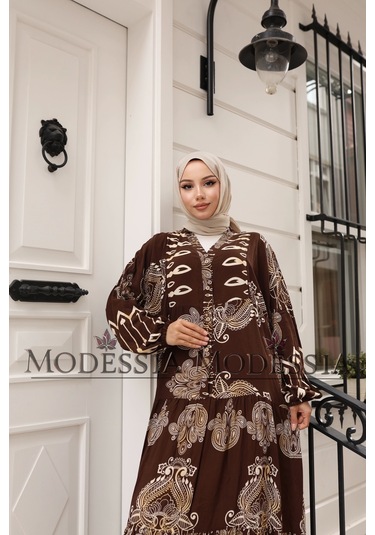 Kadın Kahve %100 Viskon Pamuklu V Yaka Alaçatı Model Kat Kat Elbise V6532 Kahve