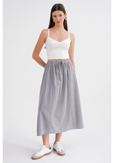 4633 Kadın Yandan Cepli Parçalı Etek Gri Gri