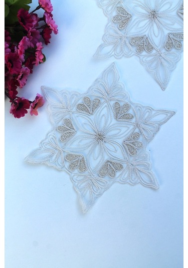 6 Adet Yıldız Motifli Krem Gold Simli Bardak Altlığı & Kokteyl Beyaz