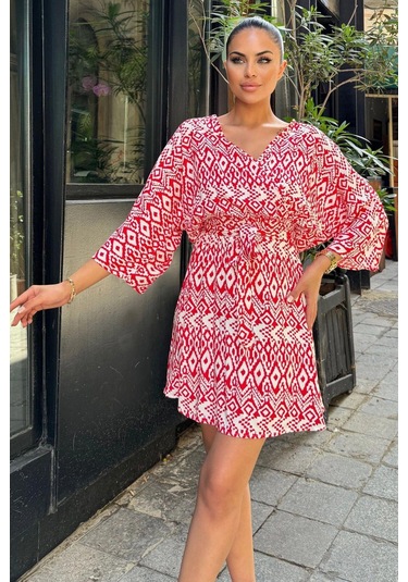 Kadın Kırmızı Etnik Desenli Viskon, Yarasa Kol, Kruvaze Mini Kimono - Kloş Kısa Elbise Kırmızı