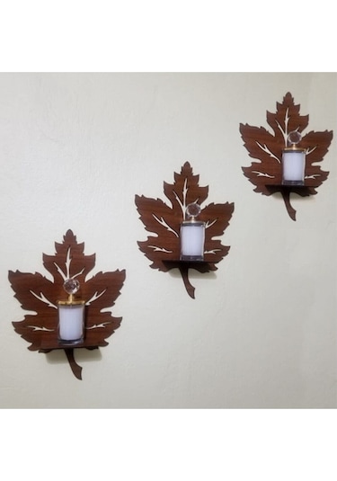 Alshop Ahşap Yaprak Duvar Süsü Dekoru Rafı Mumluk Aplik Tablo 3'lü
