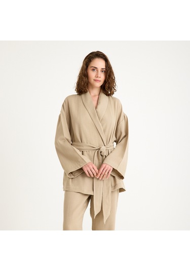 %100 Pamuklu Dokuma Şal Yaka Müslin Kimono-pantolon Alt Üst Takım Bej