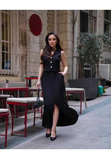 Kadın Yelekli Maxi Etekli Takım Siyah