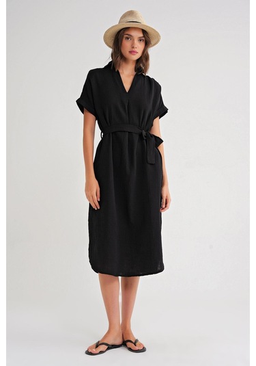 4720 Kadın Pile Detaylı Bağlamalı V Yaka Müslin Elbise Siyah Siyah
