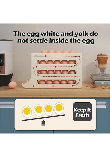 Ranyeek Beyaz Otomatik Yuvarlanan Yumurta Depolama Kutusu - 30 Yumurta Kapasitesi, Soğutucu Tahtası Tasarımı, Kaymaz Önleme Ayakları Beyaz
