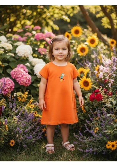 Zekids Kız Bebek Papağan Desenli Pamuklu Elbise-16354 Turuncu