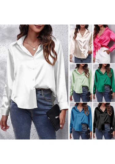 Kadınlar Katı Saten Gömlek Uzun Kollu Düğmeler Casual Gömlek, Renk Siyah