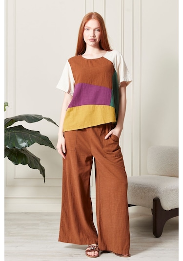 Keten Gökkuşağı Asimetrik Kesim Bluz Renkli Ve Şık Tasarım Bej