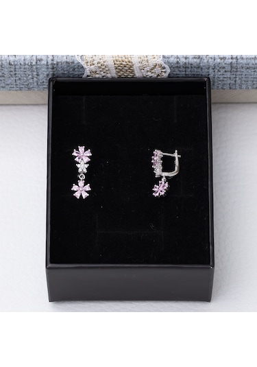 Çiçek Model Pembe Zirkon Taşlı 925 Ayar Gümüş Kadın Küpe Gümüş