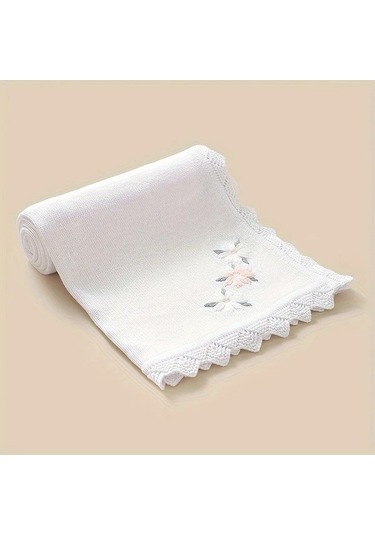 Maxaccess 1 Adet Bebek Dalga Dantel İşlemeli Çiçekli Bebek Örgü Battaniyesi Beyaz Beyaz
