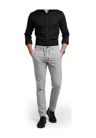 Deepsea Erkek Gri Likralı Gofre Kumaş Beli Lastikli İpli Slim Fit Günlük Pantolon 2600650 Gri