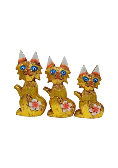 Ahşap Simli Üçlü Kedi Dekoratif Biblo No.2 17 Cm