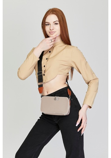 Morpelikan Vizon Kabartma İki Bölmeli Kadın Omuz Çantası Vizon