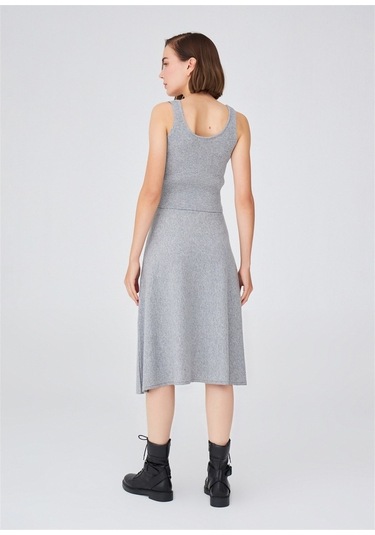 Peraluna Kloş Kesim Kaşmir Karışım Diz Altı Triko Etek Gri Melanj