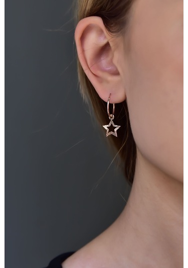 925 Ayar Gümüş Rose Kaplama Fırfırlı Yıldız Halka ve Top Küpe UVPS300769-3