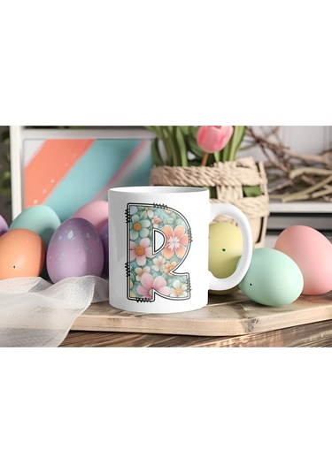 R Harfli Pastel Çiçek Desenli Kahve Kupası - Kişiye Özel Çiçekler Koleksiyonu Bardak - Hediye Beyaz