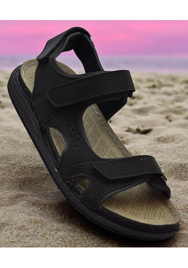 240105 Ortopedik Taban Erkek Sandalet Erkek Cırtlı Sandalet Siyah