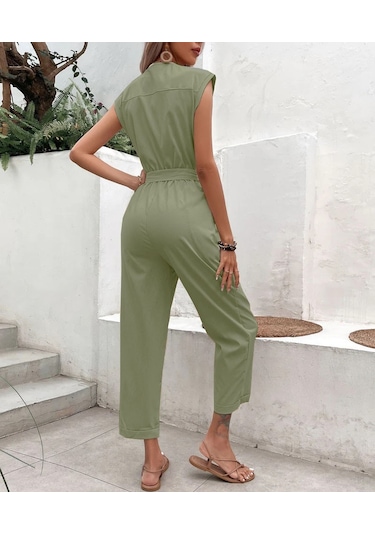 Keten Kadın V Yaka Tek Sıra Düğmeli Kolsuz Tulum 001