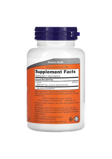 Now Foods L-lysine Lizin 500 Mg 100 Veg Caps Aromasız
