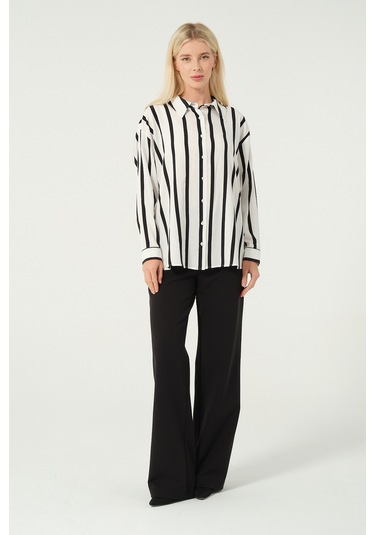 Basic Oversize Çizgili Gömlek Siyah Beyaz Siyah - Beyaz