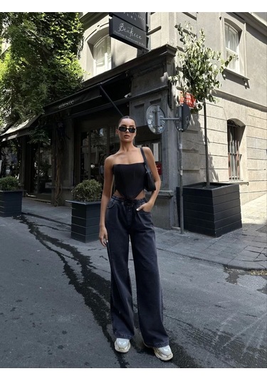Kadın Arkadan Yırtmaçlı Jeans Kot Palazzo Pantolon - Siyah Siyah